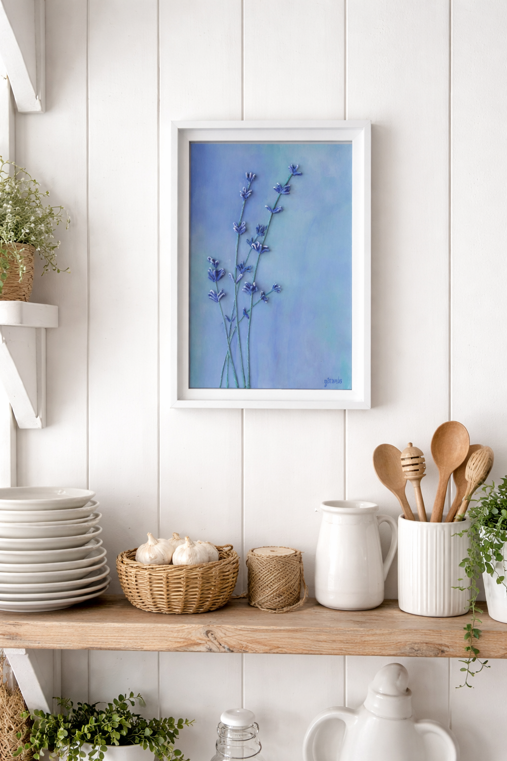 Lavender Textured String Art in Blue, Cottagecore Decor - Image 2