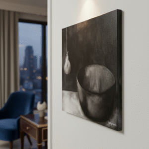 A black and white painting of a still life featuring a hanging pear and a bowl is displayed on a gallery-wrapped canvas with painted sides. The artwork is presented in a luxurious interior setting, with a sideways close-up shot emphasizing the texture of the canvas and the depth of the painting. The painting measures 50 x 50 cm.
