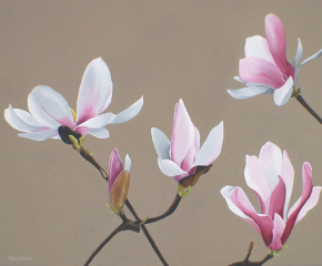 elegant and minimalist painting of pink magnolia flowers on beige brown background, idea for stylish interiors.
