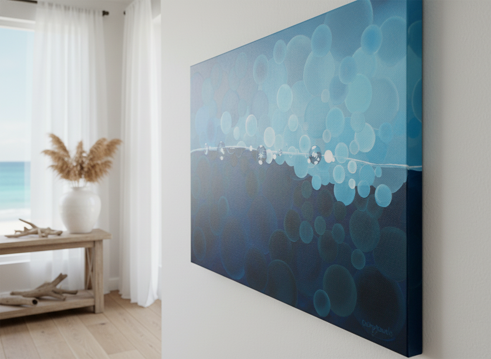 A sideways, close-up shot of a 70 x 50 cm gallery wrap canvas painting of blue bubbles, with painted sides, hanging on a white wall in a luxury coastal interior. In the background, there's a window with white curtains, a glimpse of the ocean, and a light wooden table with a white vase holding dried pampas grass and some decorative driftwood.