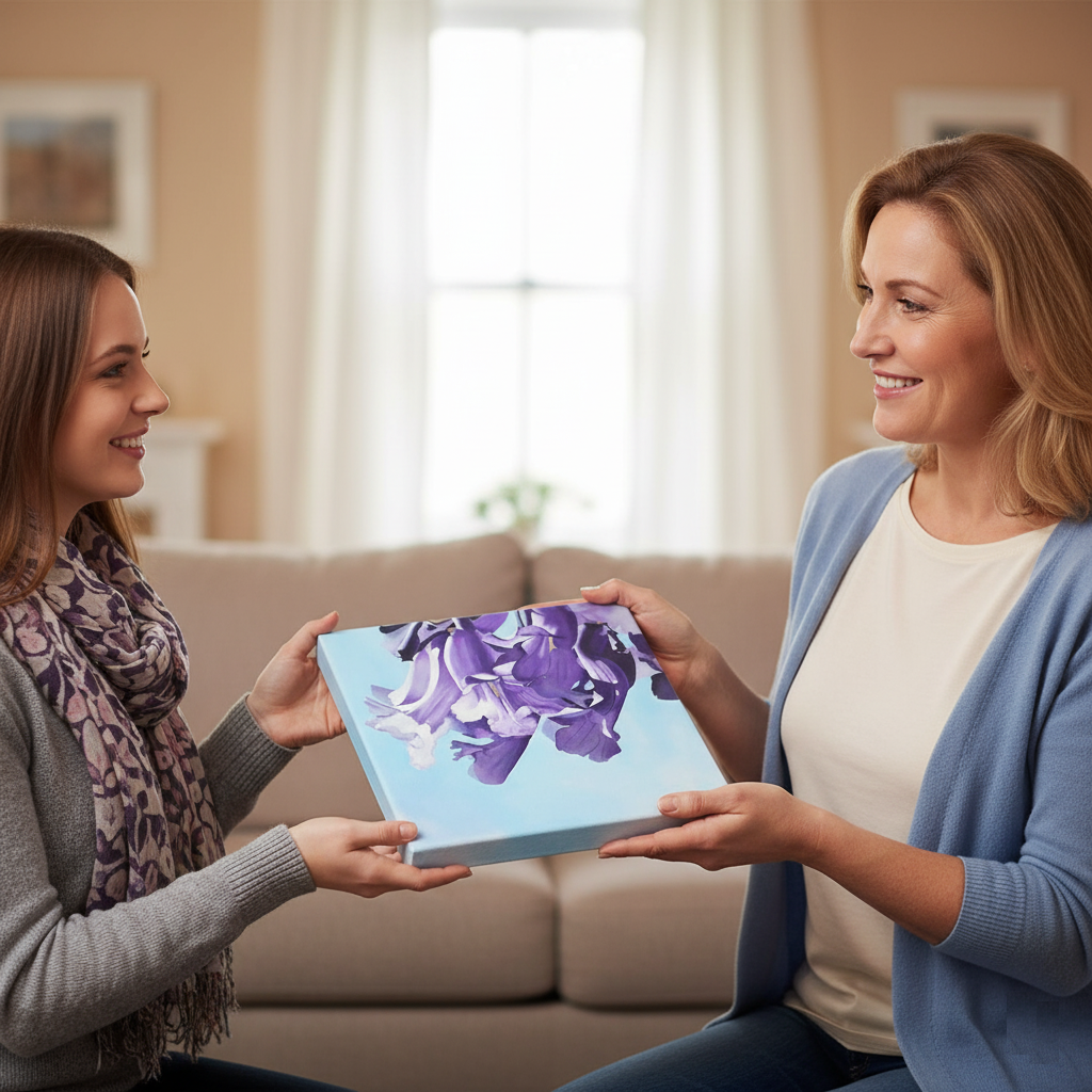 A young woman with long brown hair and a purple and gray patterned scarf is giving a painting of purple flowers on a light blue background to an older woman with blonde hair, who is wearing a light blue cardigan over a white top. Both women are smiling and holding the painting between them, seated in a living room with a sofa and a window in the background.