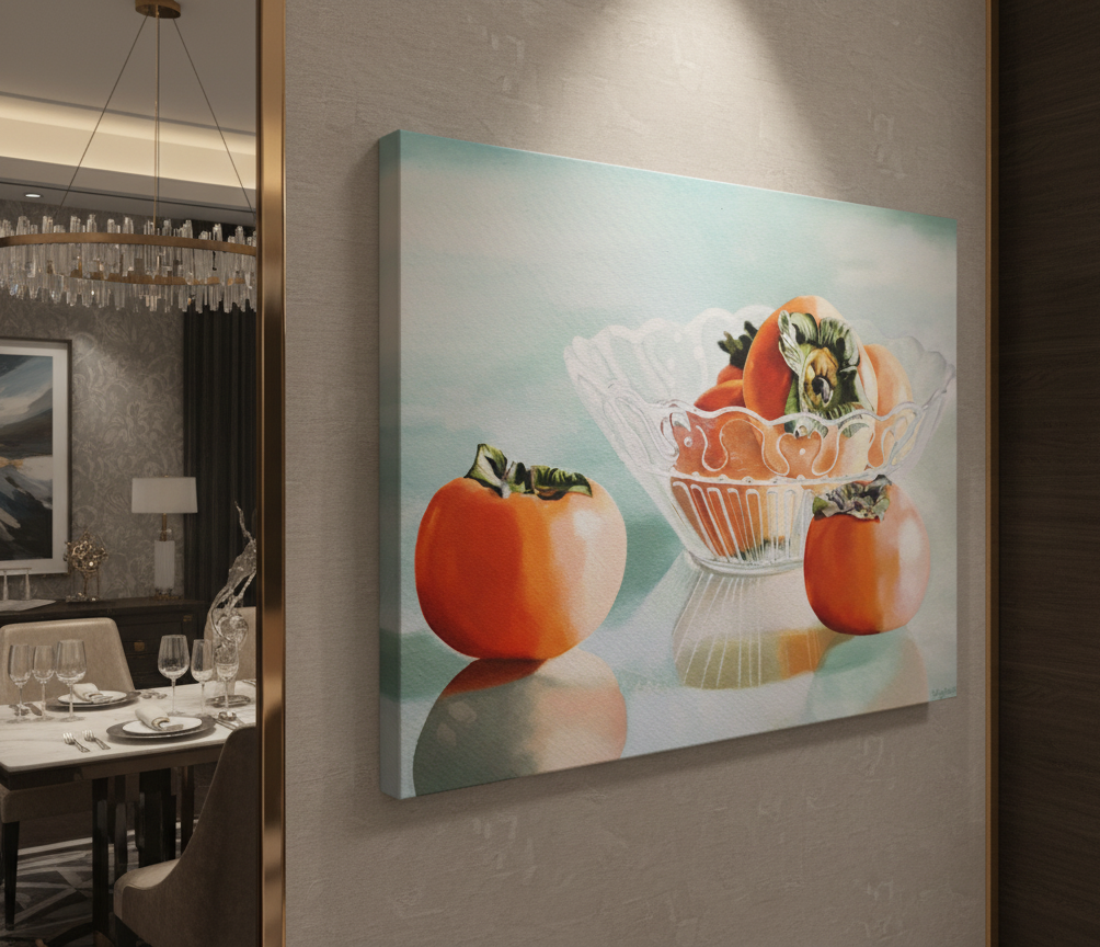 A sideways closeup shot of an elegant dining room. On the right, a gallery-wrapped canvas painting featuring a still life of persimmons is mounted on a textured gray wall. The painting, sized 70x50cm with 2cm painted sides, depicts several orange persimmons, some in a clear glass bowl, against a light blue background. Reflections of the fruit are visible on the surface below them in the painting. To the right of the painting, a dark wooden shelf unit holds various decorative items and glassware. On the left side of the image, a large mirror reflects a glimpse of a luxurious dining area with a long table set with white tablecloths and various glasses, and a shimmering chandelier hanging above. The overall lighting suggests a soft, inviting ambiance.
