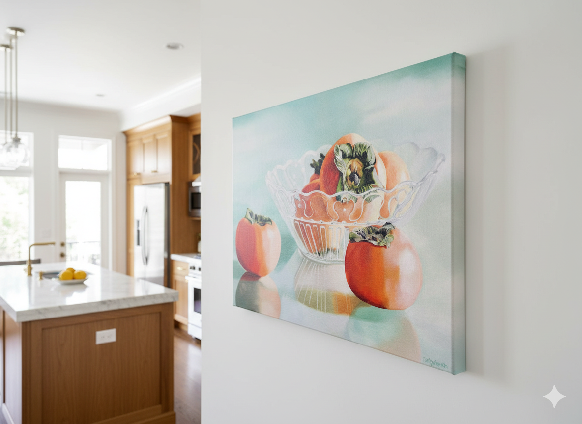 A still life painting of persimmons in a glass bowl and two individual persimmons on a reflective surface, is now displayed on a gallery-wrapped canvas. The canvas is positioned on a white wall in a bright, luxurious kitchen. The shot is a sideways closeup, with the kitchen visible in the background featuring light wood cabinetry, a large island with a white countertop, and stainless steel appliances, all bathed in natural light.