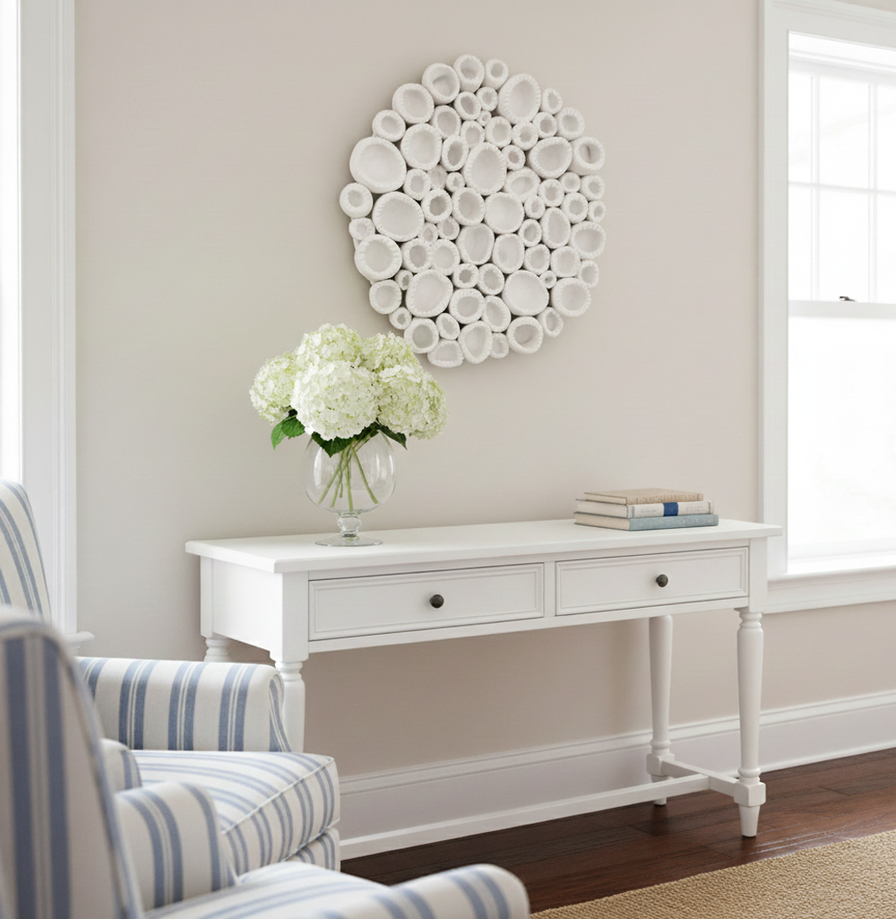 A piece of artwork is displayed in a Hamptons interior. The artwork is circular and composed of numerous white, irregularly shaped ceramic pieces arranged in a clustered pattern against a light background. It hangs above a white console table with two drawers and turned legs. On the table, to the left, is a clear glass vase holding a bouquet of white hydrangeas. To the right, a stack of books is neatly placed. Two striped armchairs, upholstered in blue and white, are visible in the foreground, partially obscuring the view of the table and artwork. A large window with white trim is on the right side of the image, allowing natural light into the room. The room has light-colored walls and dark hardwood floors with a natural fiber rug underneath the table.