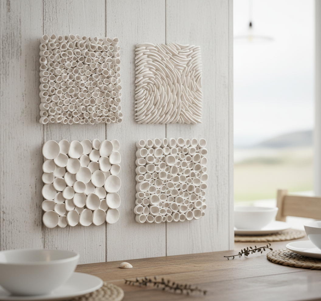 Beach House Coastal Decor Sea Textures Square Wall Sculptures, Set of 4
