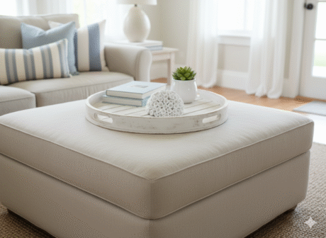 A Hamptons-style living room features a light-colored upholstered ottoman in the foreground. A white distressed wood styling tray rests on the ottoman, holding a small white clay coral sculpture, a stack of books with light blue covers, and a potted succulent. In the background, a sofa with throw pillows in neutral tones and light blue stripes is visible, along with a side table holding a lamp, and sheer white curtains framing a window and French doors.