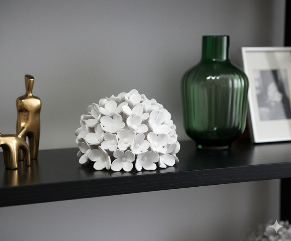 A white ceramic hydrangea sculpture, approximately 15cm in diameter, sits on a black wooden bookshelf. To its left, a small golden abstract figurine of a person stands beside a golden quadrupedal animal sculpture. To the right of the hydrangea, a fluted dark green glass vase and a framed black-and-white picture are visible, creating an artistic arrangement against a light gray wall