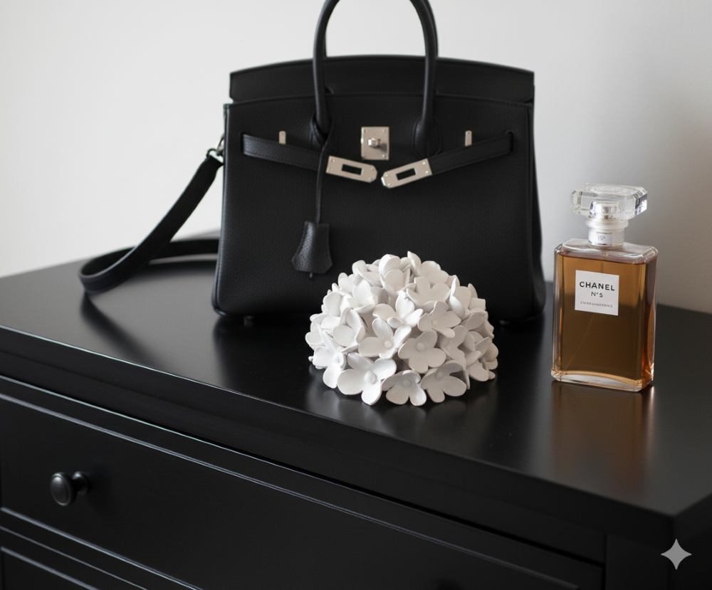 A white ceramic hydrangea sculpture is placed on a sleek black dresser. To the right of the sculpture is a bottle of Chanel No. 5 perfume, and behind it, slightly out of focus, stands a black Hermès Birkin bag. The lighting is soft, highlighting the textures of the items and the polished surface of the dresser.