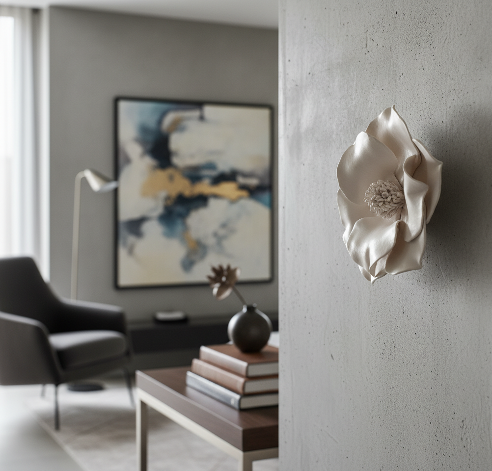 A sideways, close-up shot of a white magnolia wall flower sculpture mounted on a light gray wall in a modern luxury interior. The flower is approximately 20 cm in size, and the image respects its scale within the room. In the blurred background, a contemporary living space with a dark armchair, a low coffee table with books and a small vase, and an abstract painting on the wall can be seen.
