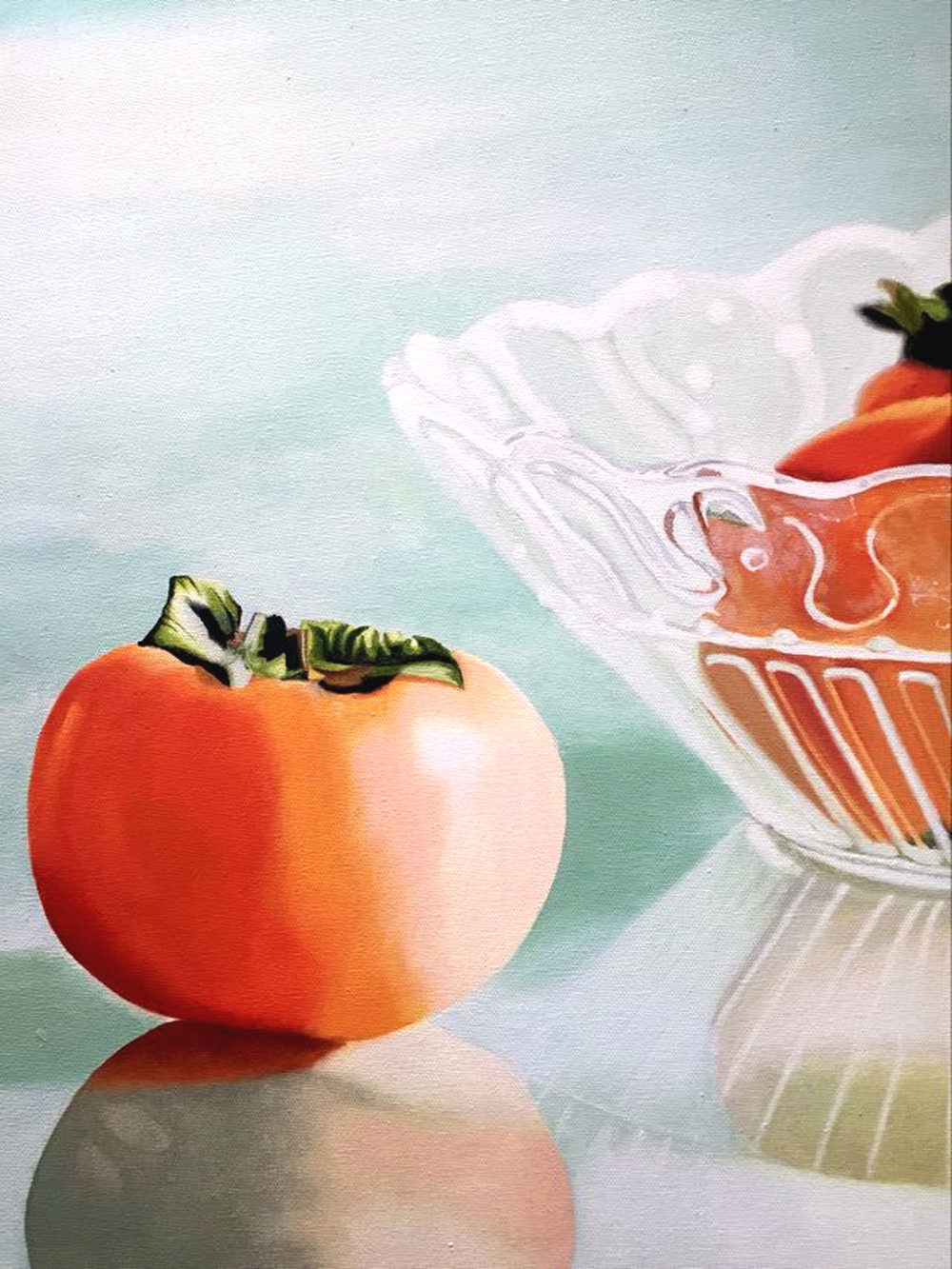 Persimmon Fruit Still Life Original Oil Painting - Fruit in Vintage Glass Bowl Art - Image 8