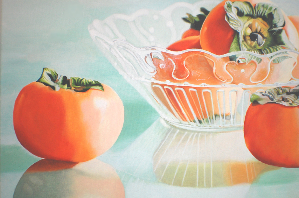 Persimmon Fruit Still Life Original Oil Painting - Fruit in Vintage Glass Bowl Art - Image 9