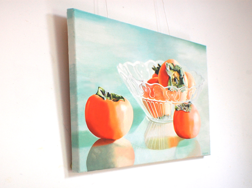 Persimmon Fruit Still Life Original Oil Painting - Fruit in Vintage Glass Bowl Art - Image 12