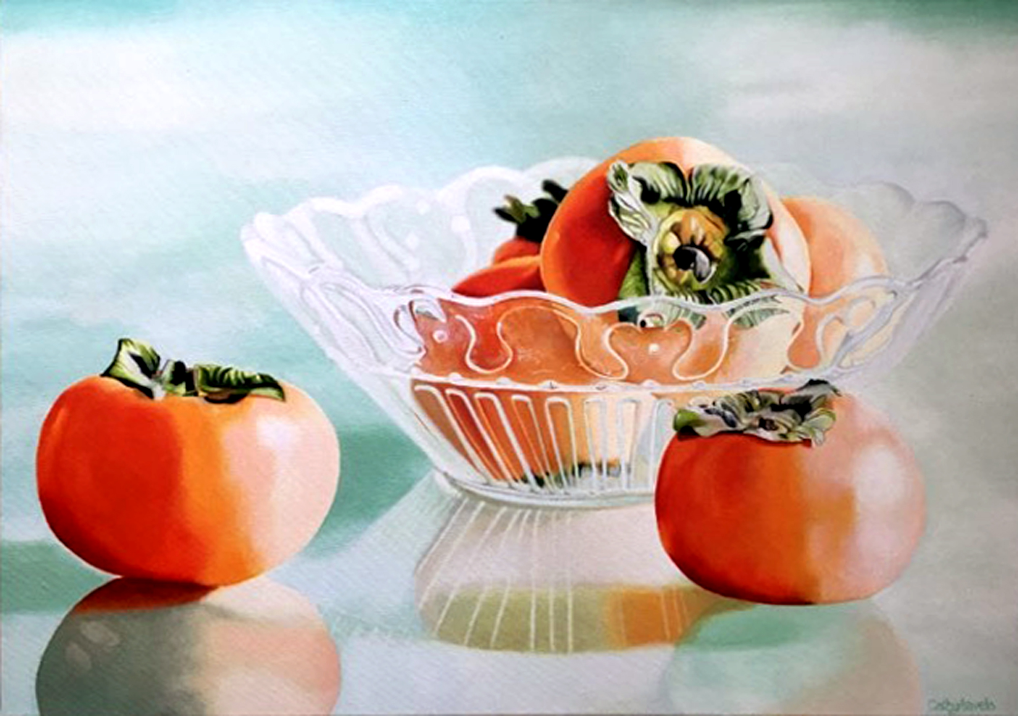Persimmon Fruit Still Life Original Oil Painting - Fruit in Vintage Glass Bowl Art - Image 13