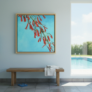 Red Bell Firecracker Flowers Art Painting on Turquoise