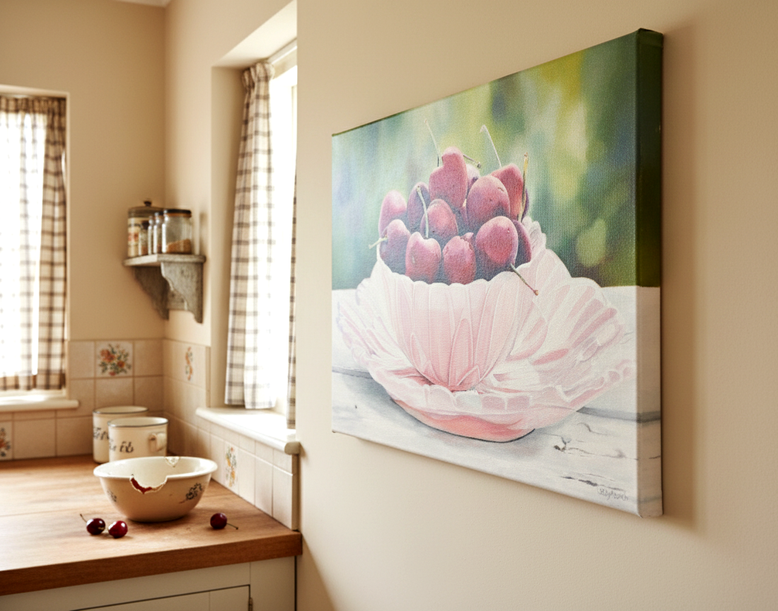 Cherries Summer Fruit in Pink Bowl Botanical Oil Painting - Image 5