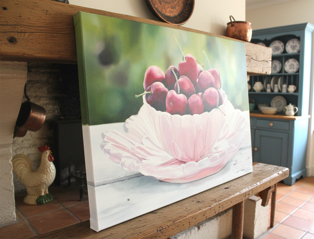 A close-up shot captures a vibrant still life painting featuring a bowl of ripe red cherries, held by white-gloved hands against a neutral background. The painting, presented on a gallery wrap canvas, measures 70x50cm with a 2cm depth, showcasing rich colors and intricate details that highlight the succulent fruit and delicate bowl.