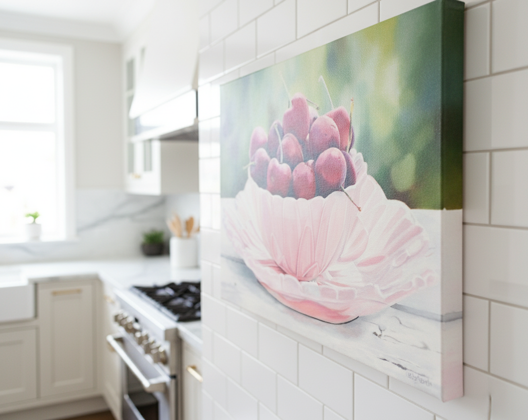 A 70x50cm gallery-wrapped canvas painting of cherries in a pink bowl is displayed on a white subway-tiled wall in a luxurious, bright kitchen. The painting's sides are painted to match the artwork. The shot is a close-up, sideways view, showcasing the depth of the canvas and the kitchen's elegant aesthetic.