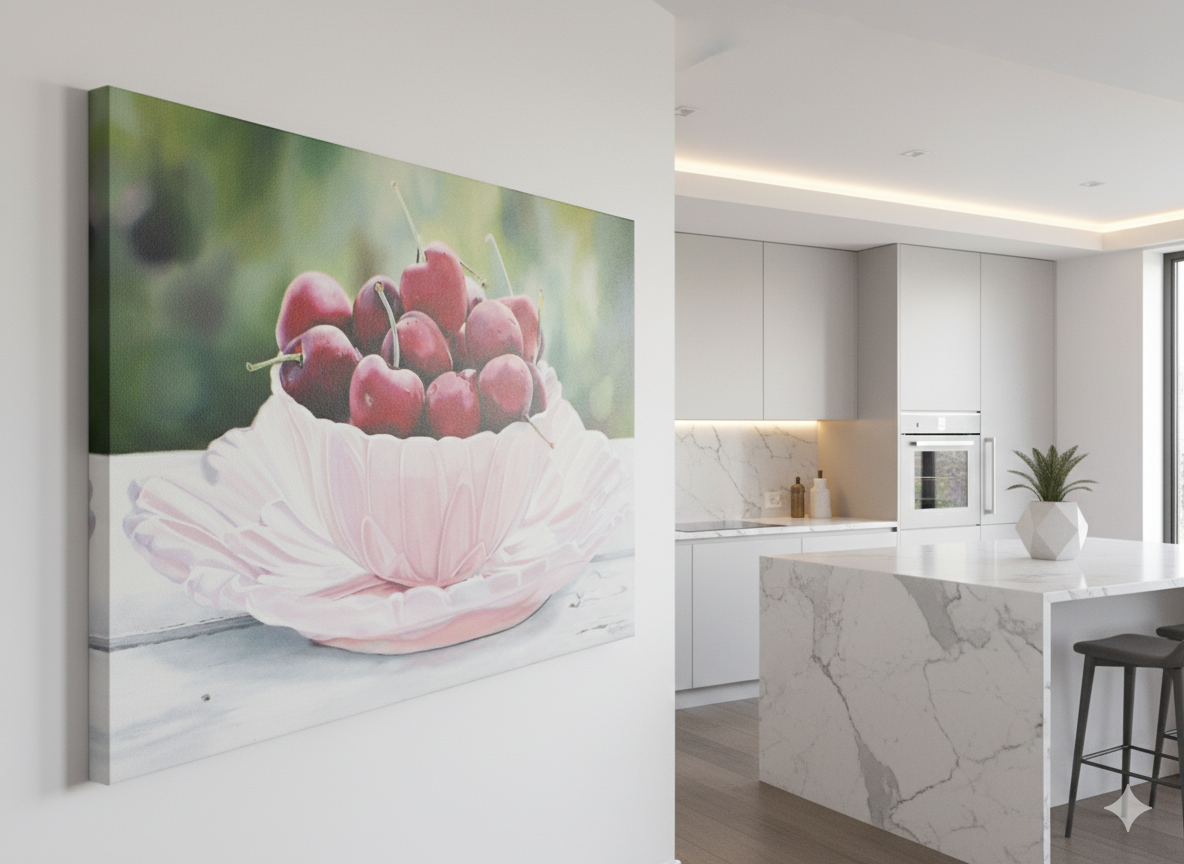 A painting of a bowl of cherries on a gallery wrap canvas (2cm) with painted sides to match the painting, placed in a luxury modern kitchen. The shot is a sideways closeup, and the painting is sized 70x50cm, respecting scale.