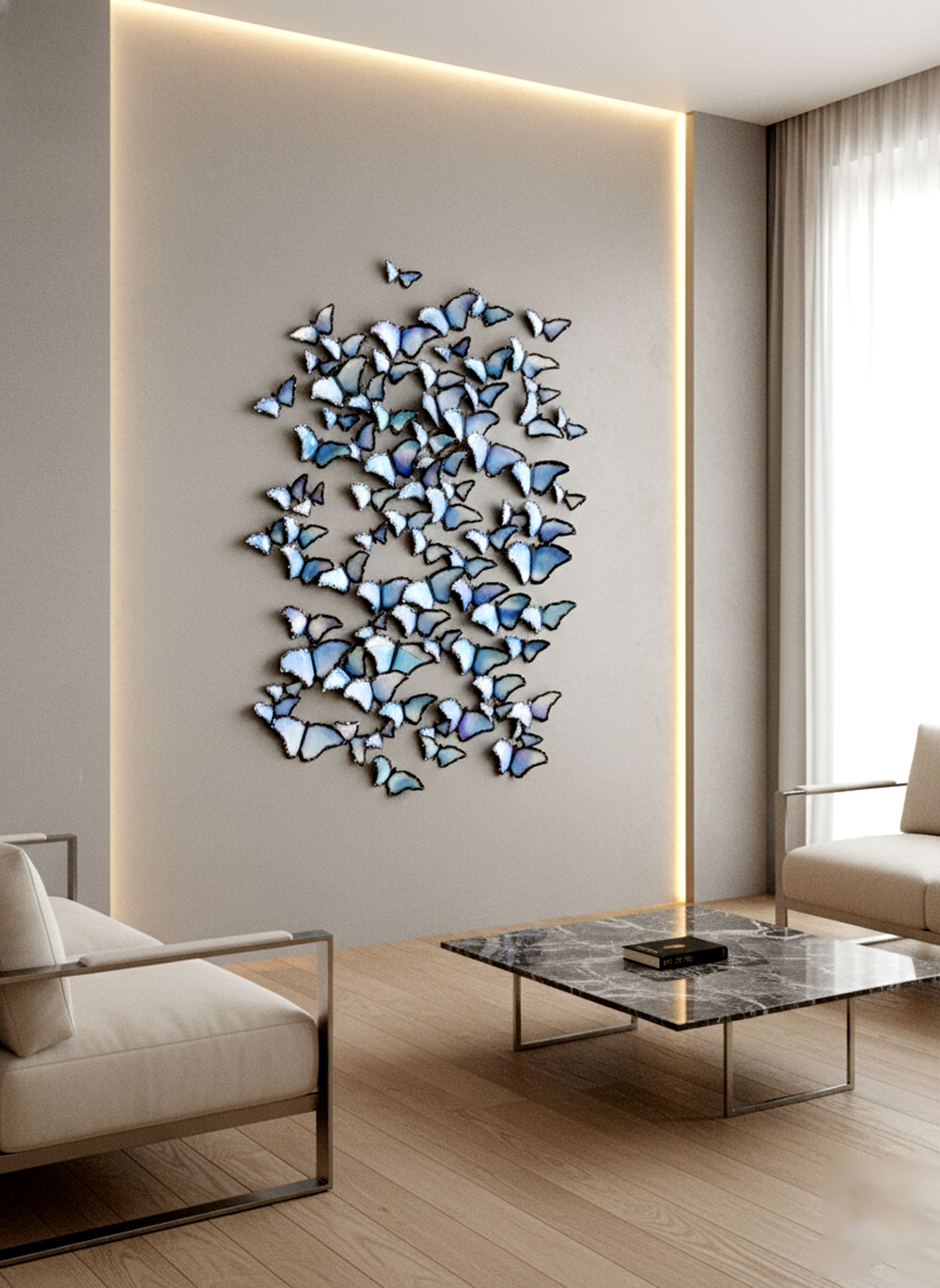 A large wall installation featuring numerous blue and white butterflies of varying sizes, arranged in a dense, flowing pattern on a neutral-toned wall in a luxurious, modern interior space. The room includes two light-colored armchairs with metal frames, a marble coffee table, and a floor-to-ceiling window with sheer curtains.