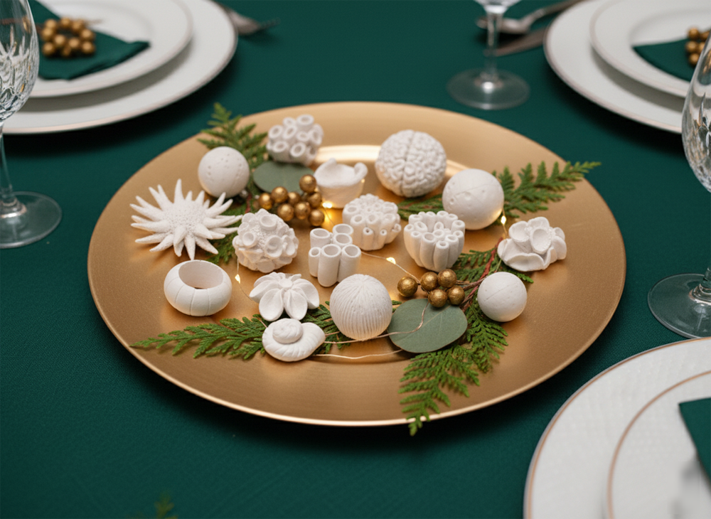 A flat lay image features a collection of small, white, ceramic sculptures resembling various forms of coral and sea life. The sculptures are arranged on a light gray background, casting subtle shadows. There are approximately 30 individual pieces, each intricately detailed. Some resemble branching coral, others have a sunburst or flower-like shape, and a few are more organic and amorphous. They vary in size, but all are relatively small, creating a diverse visual texture across the frame.