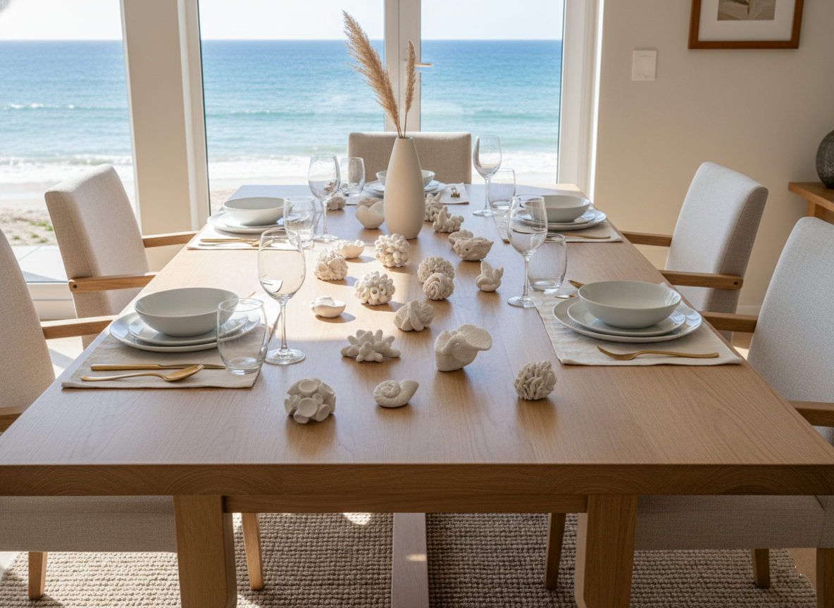 A collection of small, white, intricately detailed sculptures, resembling various marine life such as coral and shells, are artfully arranged as a centerpiece on a long, light wooden dining table. The table is set with multiple place settings, each featuring white ceramic plates, clear wine glasses, and cutlery. In the background, large windows offer a stunning view of a calm, blue ocean and a sandy beach under a bright sky. The overall atmosphere is one of serene coastal luxury.