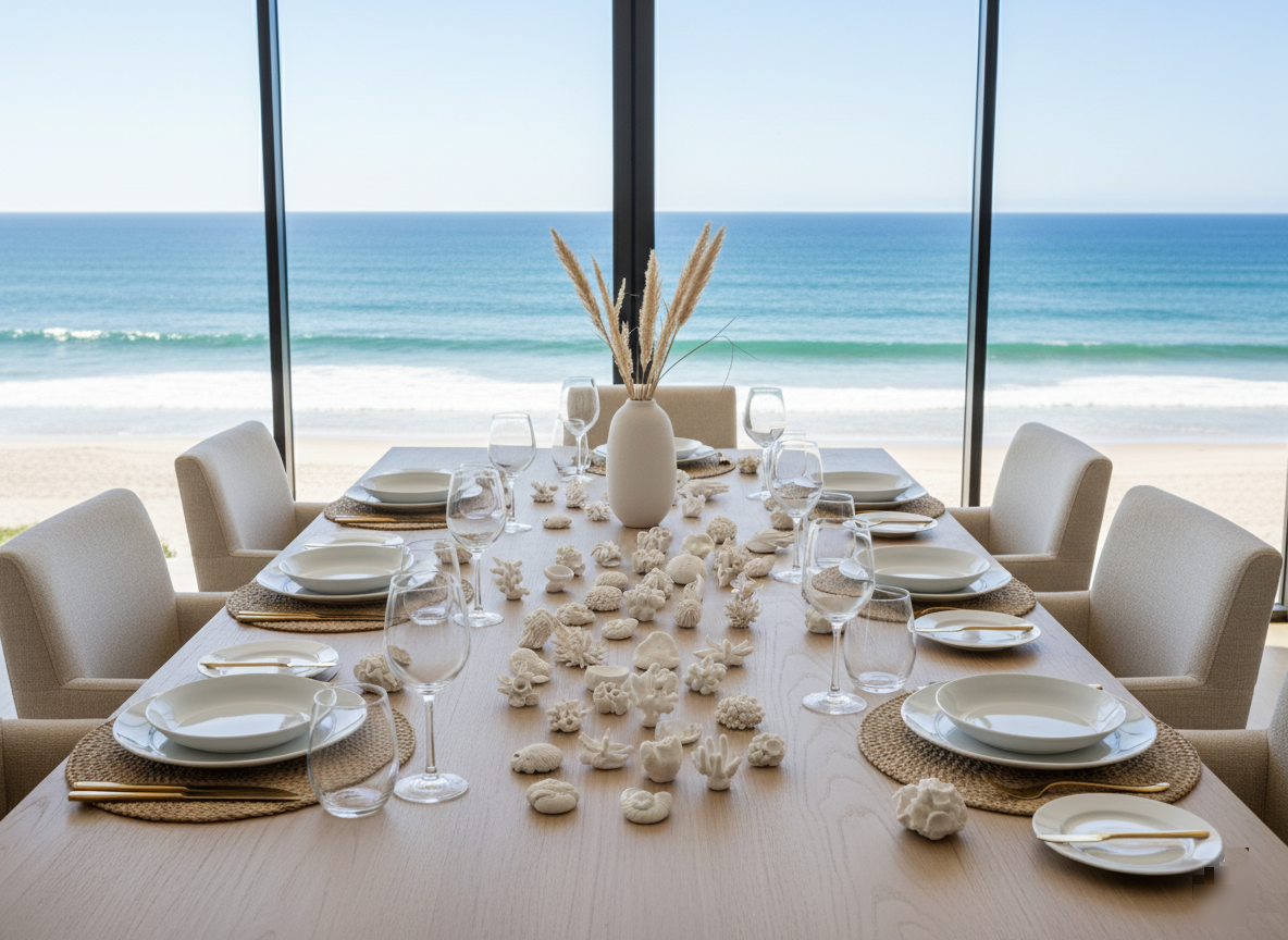 A collection of small, white, intricately detailed sculptures, resembling various marine life such as coral and shells, are artfully arranged as a centerpiece on a long, light wooden dining table. The table is set with multiple place settings, each featuring white ceramic plates, clear wine glasses, and cutlery. In the background, large windows offer a stunning view of a calm, blue ocean and a sandy beach under a bright sky. The overall atmosphere is one of serene coastal luxury.