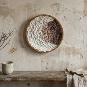 Biomorphic Round Ombre Wave Cream Brown Neutral Framed Wall Art