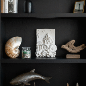 A beautifully styled black bookshelf featuring a collection of sea-themed artifacts. On the top shelf, a delicate white sea fan in a black vase sits next to a small framed picture of a lighthouse and a stack of books. The middle shelf prominently displays a small, rectangular white coral wall plaque (10x15cm) as the central piece. To its left, a large nautilus shell rests beside a glass jar filled with small sea glass and pebbles. To the right of the plaque, a piece of natural driftwood is mounted on a stand. The bottom shelf holds a bronze sculpture of a shark, with several starfish scattered in front of it. The overall aesthetic is elegant and cohesive, with a focus on natural textures and a monochromatic palette with touches of bronze and natural shell colors.