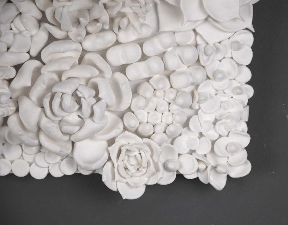 succulents botanical relief rectangular wall panel sculpture in matte white clay