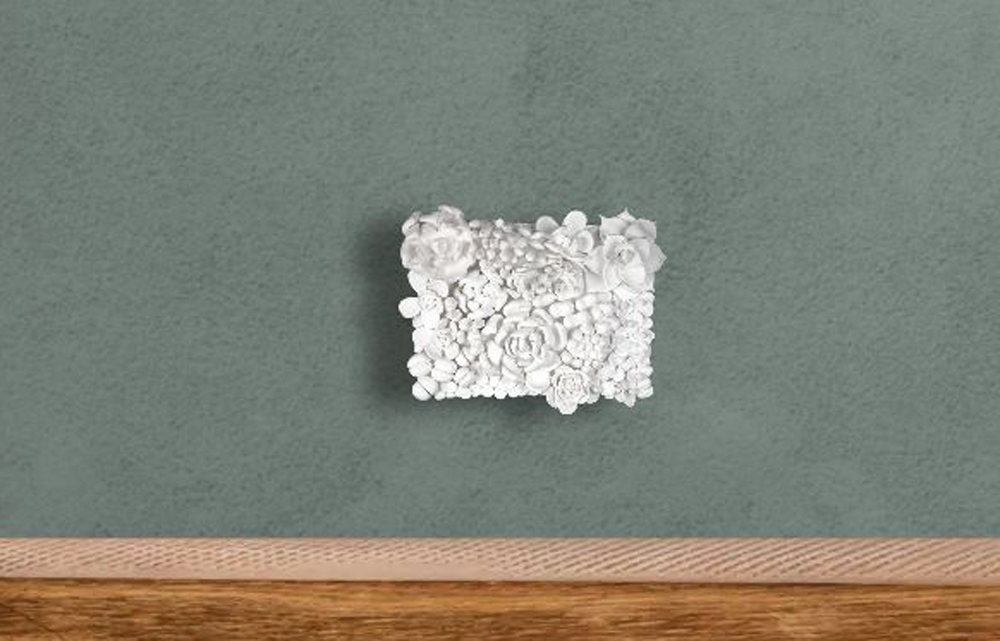succulents botanical relief rectangular wall panel sculpture in matte white clay