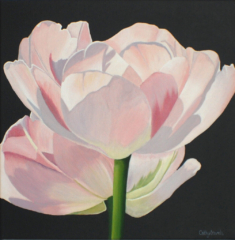Photorealistic painting of pink double tulips in bright sunlight. Highly decorative piece for interior design.