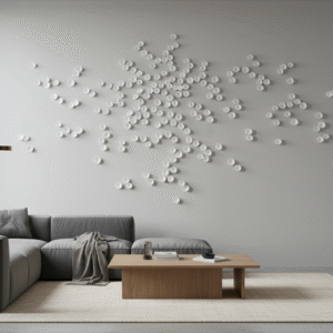 A modern living room features a grey sectional sofa, a light wood coffee table with books, and a beige rug on a concrete floor. A tall, thin floor lamp with a copper shade stands behind the sofa. To the right, a large potted plant sits on the floor. On the light grey wall above the sofa, a circular white wall art installation is displayed, consisting of numerous small, scattered white disc-like elements, each approximately 2cm in size. A large window on the left side of the room allows natural light to enter.