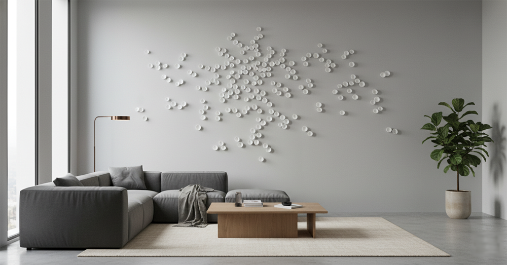 A modern living room features a grey sectional sofa, a light wood coffee table with books, and a beige rug on a concrete floor. A tall, thin floor lamp with a copper shade stands behind the sofa. To the right, a large potted plant sits on the floor. On the light grey wall above the sofa, a circular white wall art installation is displayed, consisting of numerous small, scattered white disc-like elements, each approximately 2cm in size. A large window on the left side of the room allows natural light to enter.