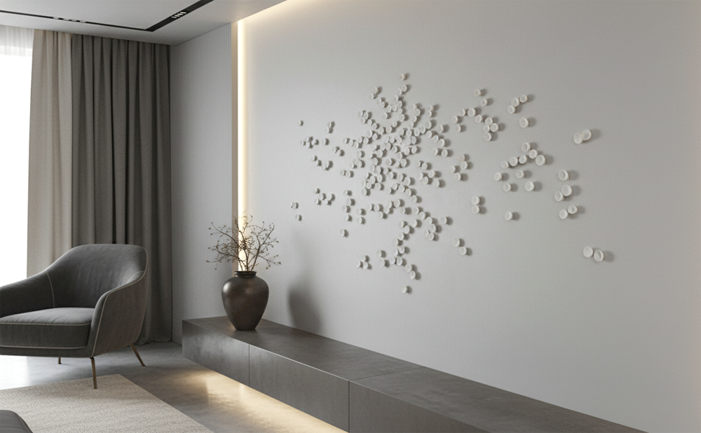A luxury interior features a minimalist wall art installation on a light gray wall. The installation consists of numerous small, circular elements, each about 2cm in size, arranged in a scattered, organic pattern across the wall. The wall is illuminated by hidden strip lighting along the top and a vertical strip on the left, casting a warm glow. Below the wall art is a long, low console table in a dark, muted tone, with a decorative vase holding a few dry branches on its left side. To the left of the console, a dark gray upholstered armchair with elegant lines sits on a light-colored rug. In the background on the far left, sheer and darker gray curtains hang from a window, letting in soft natural light. The overall aesthetic is sophisticated and serene, with a focus on clean lines and a neutral color palette.