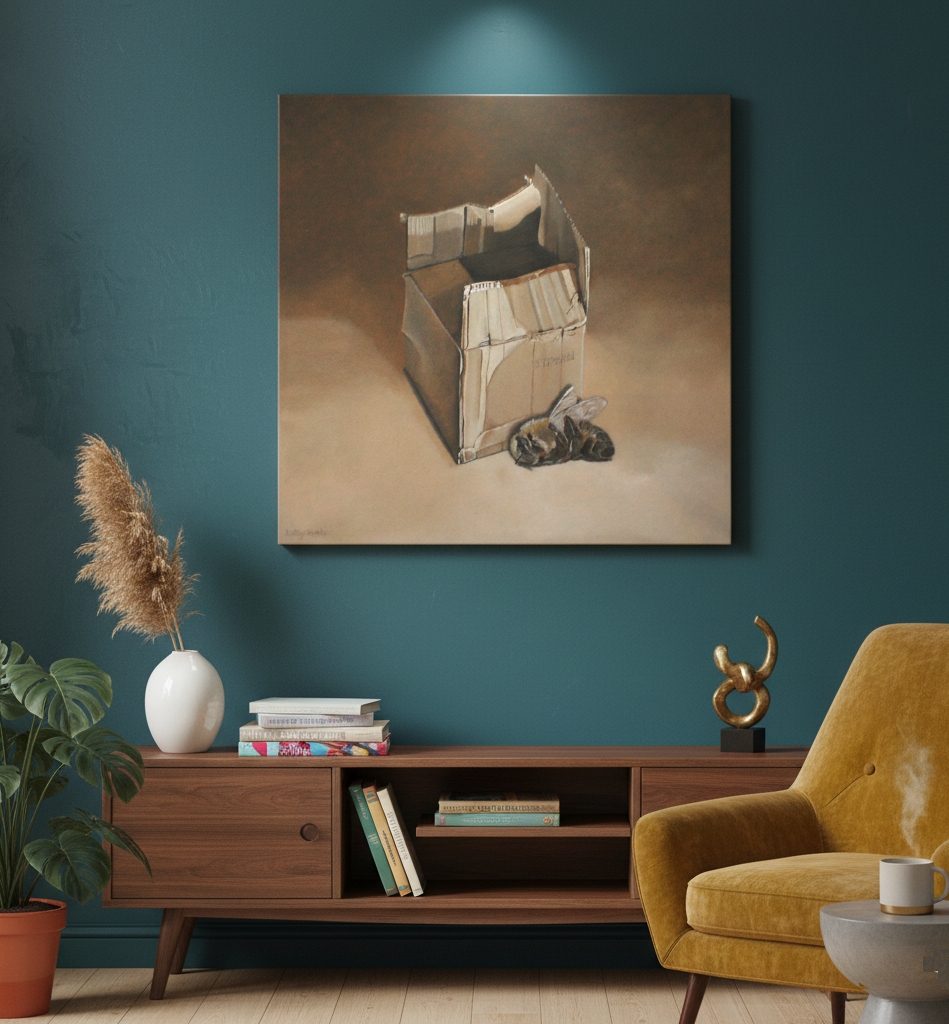 Surreal Dead Bee & Box Still Life Environmental Thought-Provoking Wall Art Original Painting - Image 5