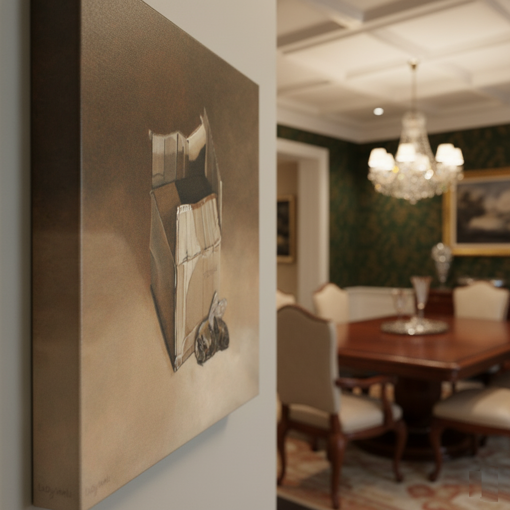 A painting of a dead bee next to a cardboard box, presented on a gallery wrap canvas, is shown in a sideways close-up view within a luxurious dining room. The painting is 50x50cm, and the canvas has a 2cm depth. The dining room features elegant furniture, a chandelier, and a decorative wall.