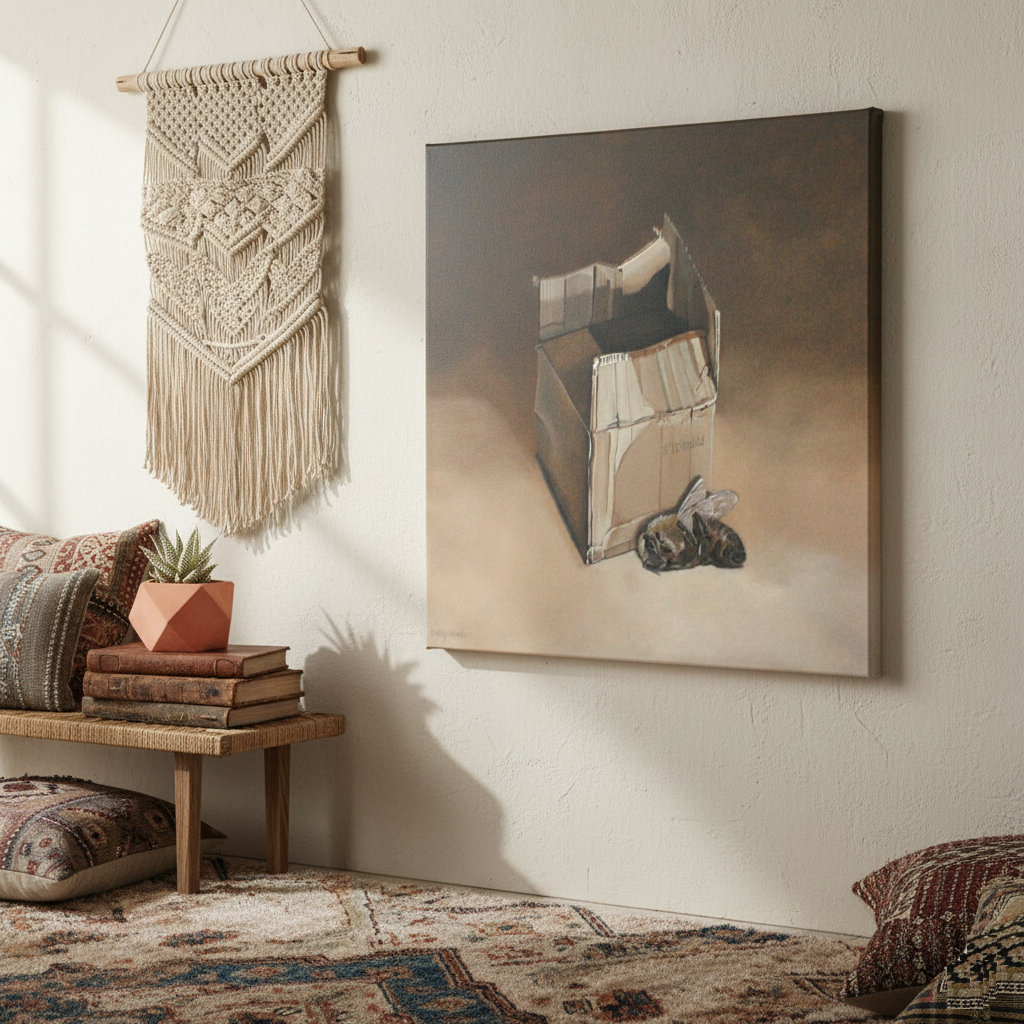 A surreal thought-provoking environmental message painting of a cardboard box and a dead bee hanging on a wall in a bohemian-style room.