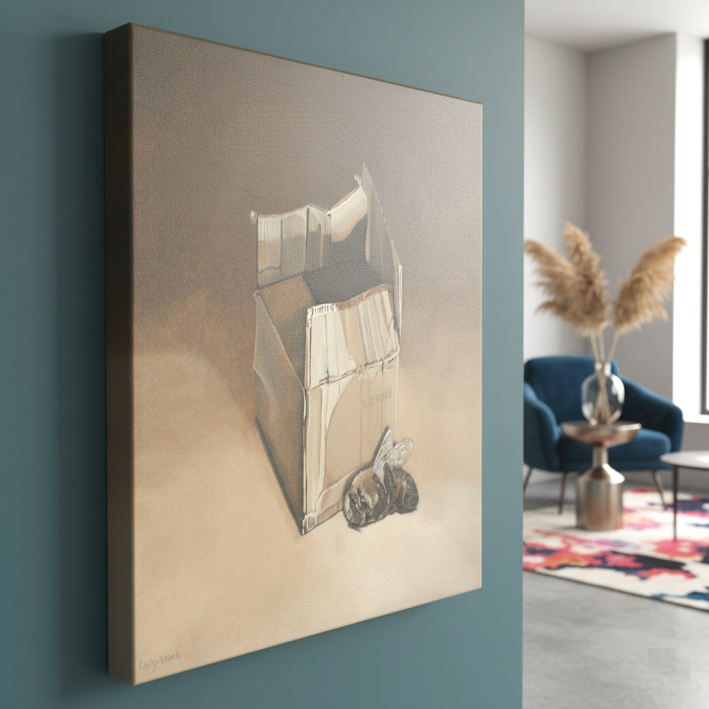 A painted canvas of a cardboard box and a dead bee displayed on a gallery wrap canvas (2cm) in an eclectic modern room, with a sideways closeup view, 50x50cm in size.