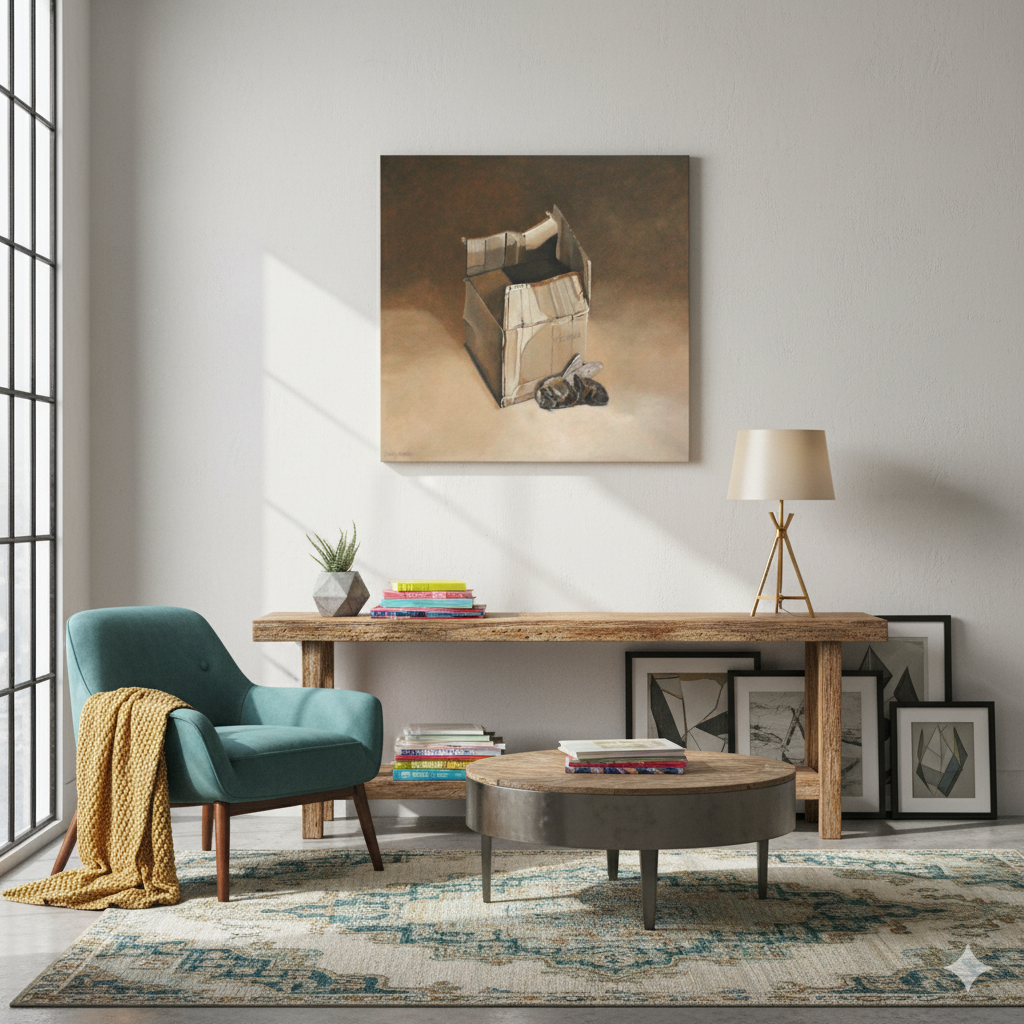 Surreal Dead Bee & Box Still Life Environmental Thought-Provoking Wall Art Original Painting - Image 13