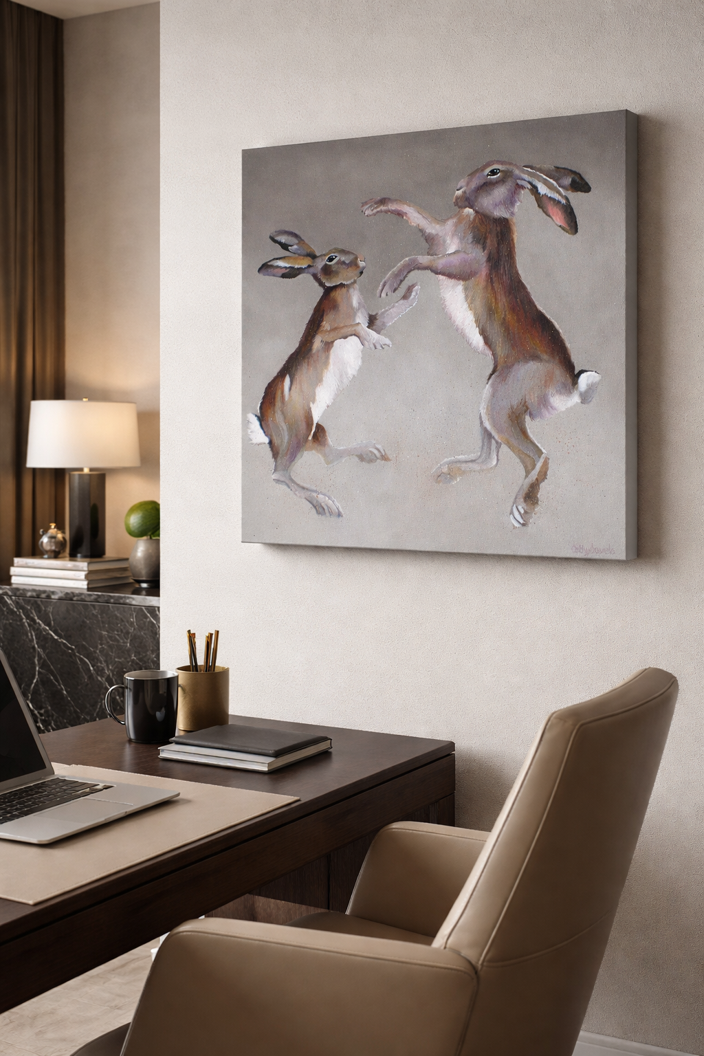 Boxing Mad March Spring Hares Painting, Wildlife Nature Wall Art - Image 2