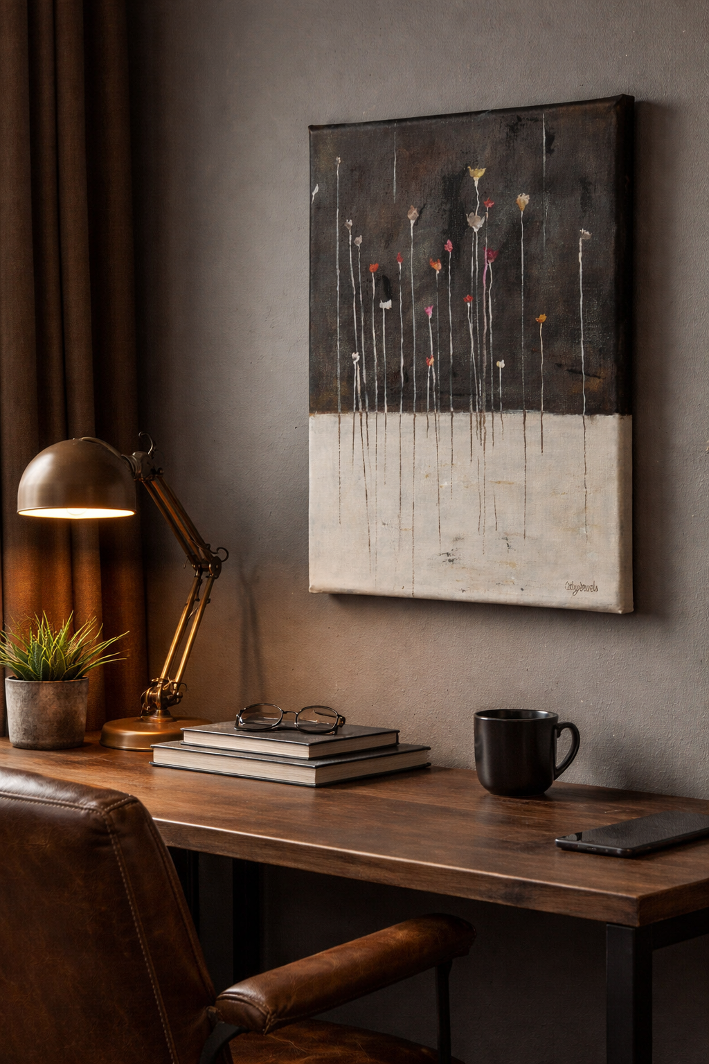 Flower Art Abstract in Black and White with Vibrant Color Accents