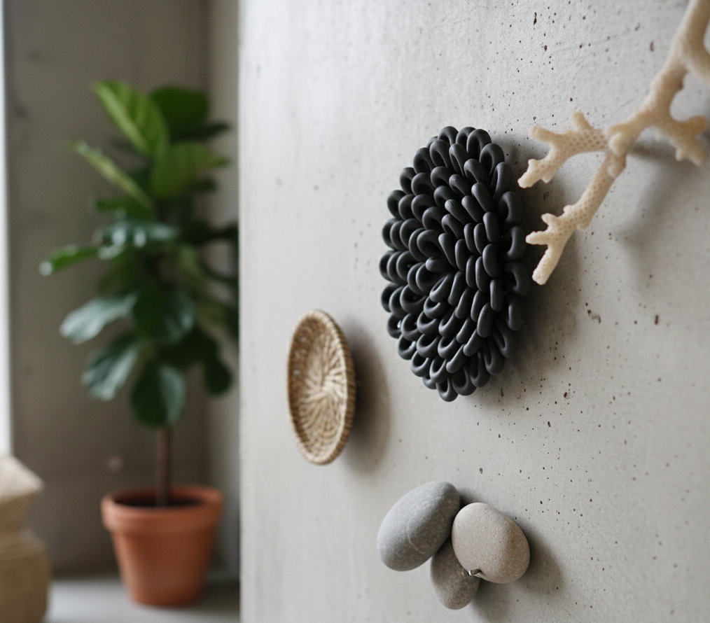 A dark gray wall flower, measuring 15cm, is mounted on a light gray concrete wall. It is part of a curated arrangement in a modern organic interior. To its right, a piece of light-colored coral extends. Below the wall flower, three smooth, rounded gray stones are clustered together. To the left of the wall flower, a small, oval-shaped woven basket is also mounted on the wall. In the blurred background, a potted plant with large green leaves is visible. The image is a sideways, close-up view, respecting the scale of the items.