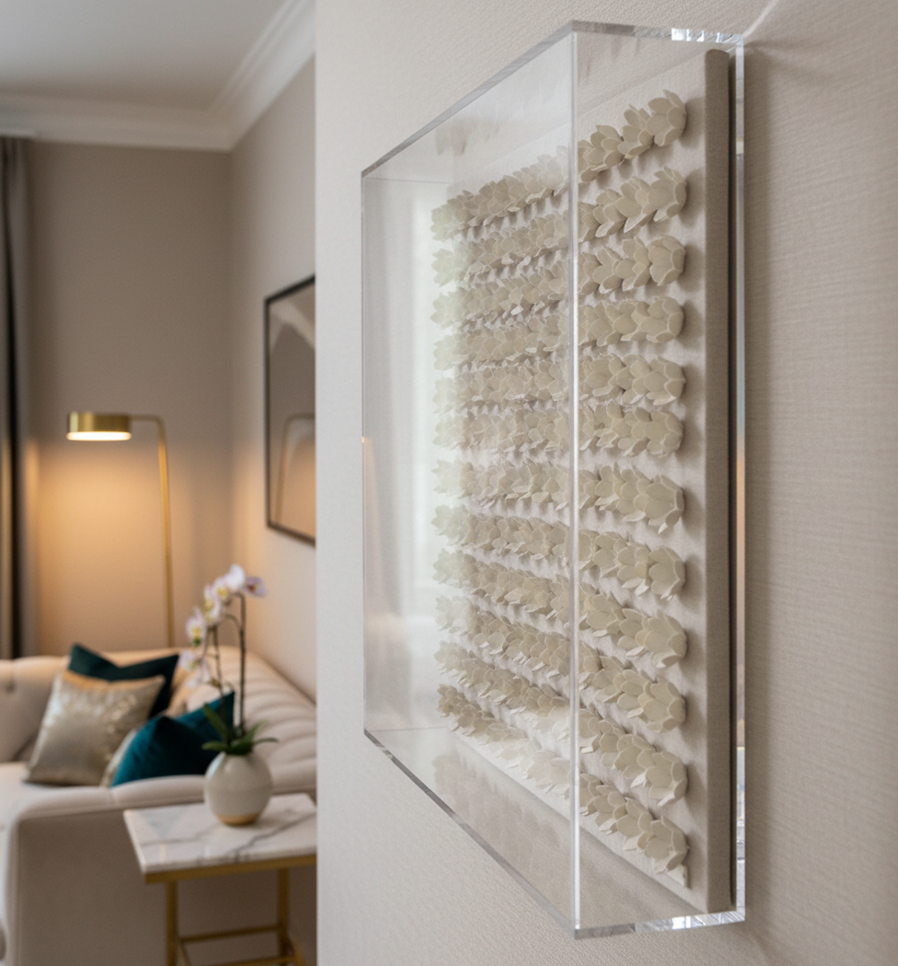 A large, framed artwork featuring rows of delicate, off-white lotus clay pieces on a linen background, displayed in a modern, luxurious living room. The artwork is enclosed in a clear acrylic box frame, creating a shadow box effect. It is mounted on a light-colored wall, blending seamlessly with the elegant decor. In the soft-focused background, a cream-colored sofa with throw pillows, a minimalist floor lamp, and a white side table with a vase of orchids are visible, suggesting a sophisticated and serene interior design. The lighting is warm, highlighting the textures of the artwork and the surrounding space.