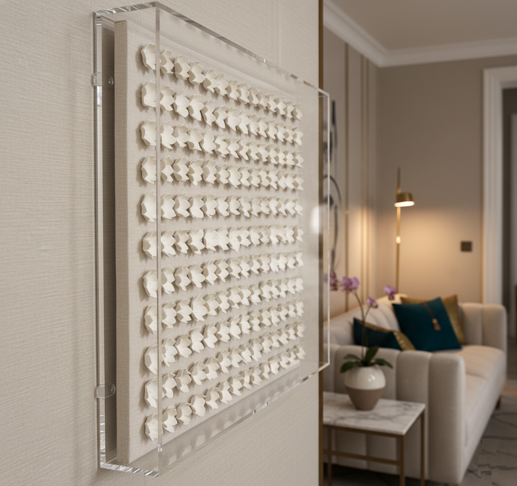 A sideways closeup shot of the lotus clay on linen artwork, now displayed within a sleek acrylic box frame. The artwork, measuring 100 x 75 cm, is mounted on a wall in a luxurious interior. In the background, out of focus, a sophisticated living space is visible with a cream-colored sofa, teal throw pillows, a marble side table with a plant, and a brass floor lamp, emphasizing the upscale setting.