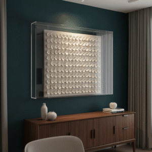 A close-up, sideways shot of a luxury interior features a 100 x 75 cm artwork. The piece, made of lotus clay on linen, is encased in an acrylic box frame and hangs on a dark teal wall above a wooden console table. The artwork is illuminated by a subtle overhead light, highlighting the intricate details of the clay lotus shapes.