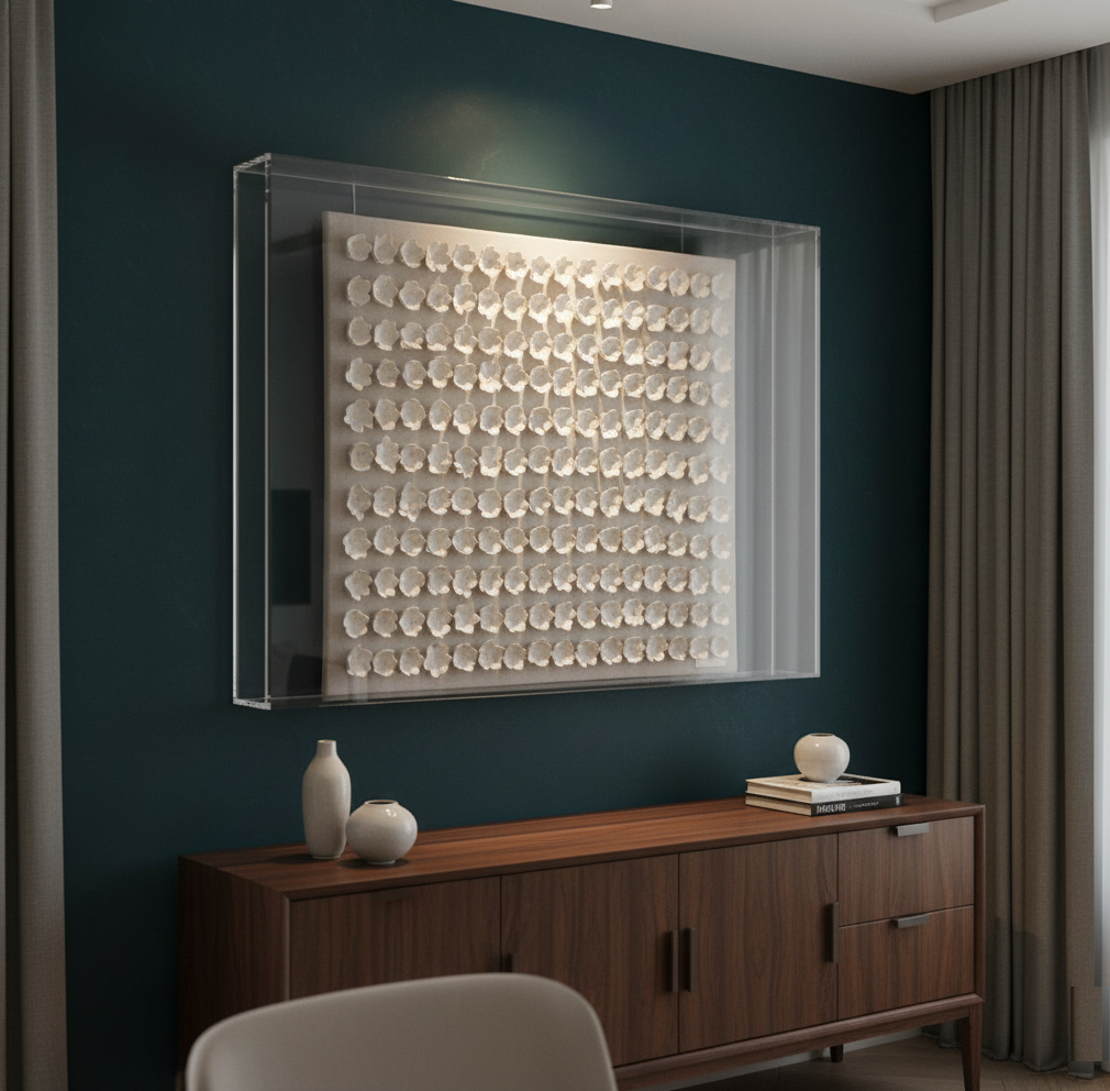 A close-up, sideways shot of a luxury interior features a 100 x 75 cm artwork. The piece, made of lotus clay on linen, is encased in an acrylic box frame and hangs on a dark teal wall above a wooden console table. The artwork is illuminated by a subtle overhead light, highlighting the intricate details of the clay lotus shapes.