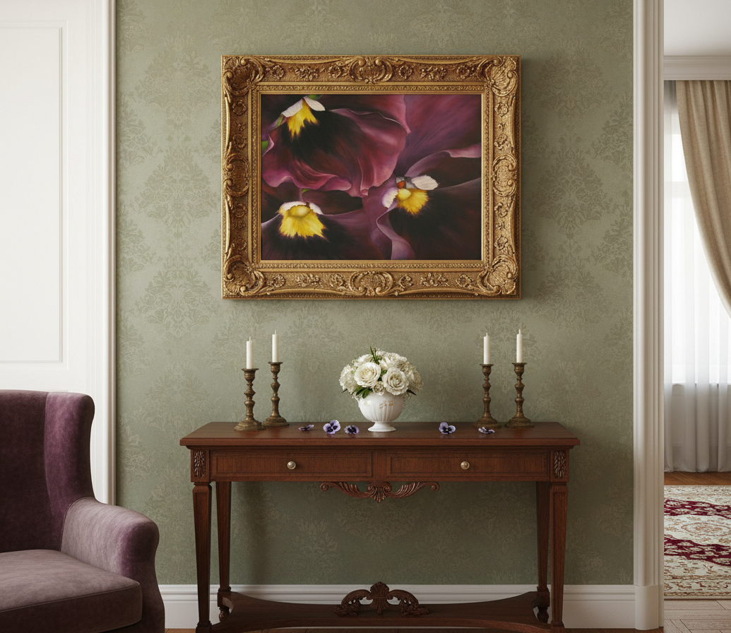 A vibrantly painted close-up of three pansies with deep purple petals and bright yellow and white centers. The brushstrokes create a soft, almost velvety texture on the petals, suggesting depth and movement. The composition is dynamic, with the flowers filling the frame and drawing the eye into their intricate details.