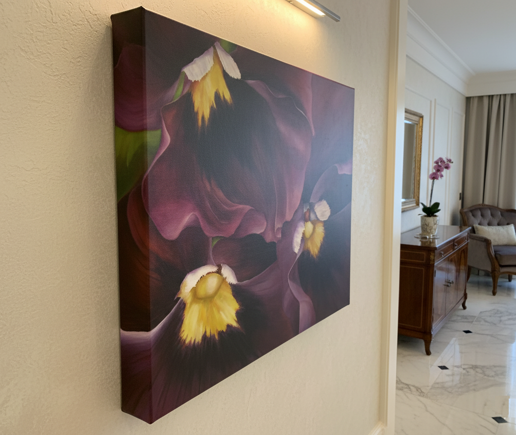 A close-up, side-view shot of a vivid pansy flower painting on a thick gallery wrap canvas with matching painted sides, accurately scaled to 100x80cm, displayed in a luxurious home interior. The rich purple petals with bright yellow and white centers of the pansies are prominent, contrasting beautifully with the elegant room decor.