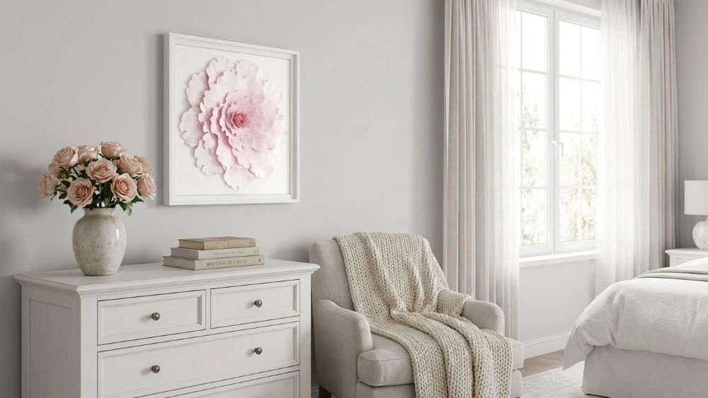 Framed Clay Peony Wall Art – Blush Pink Floral Sculpture, Handmade 3D Flower Decor