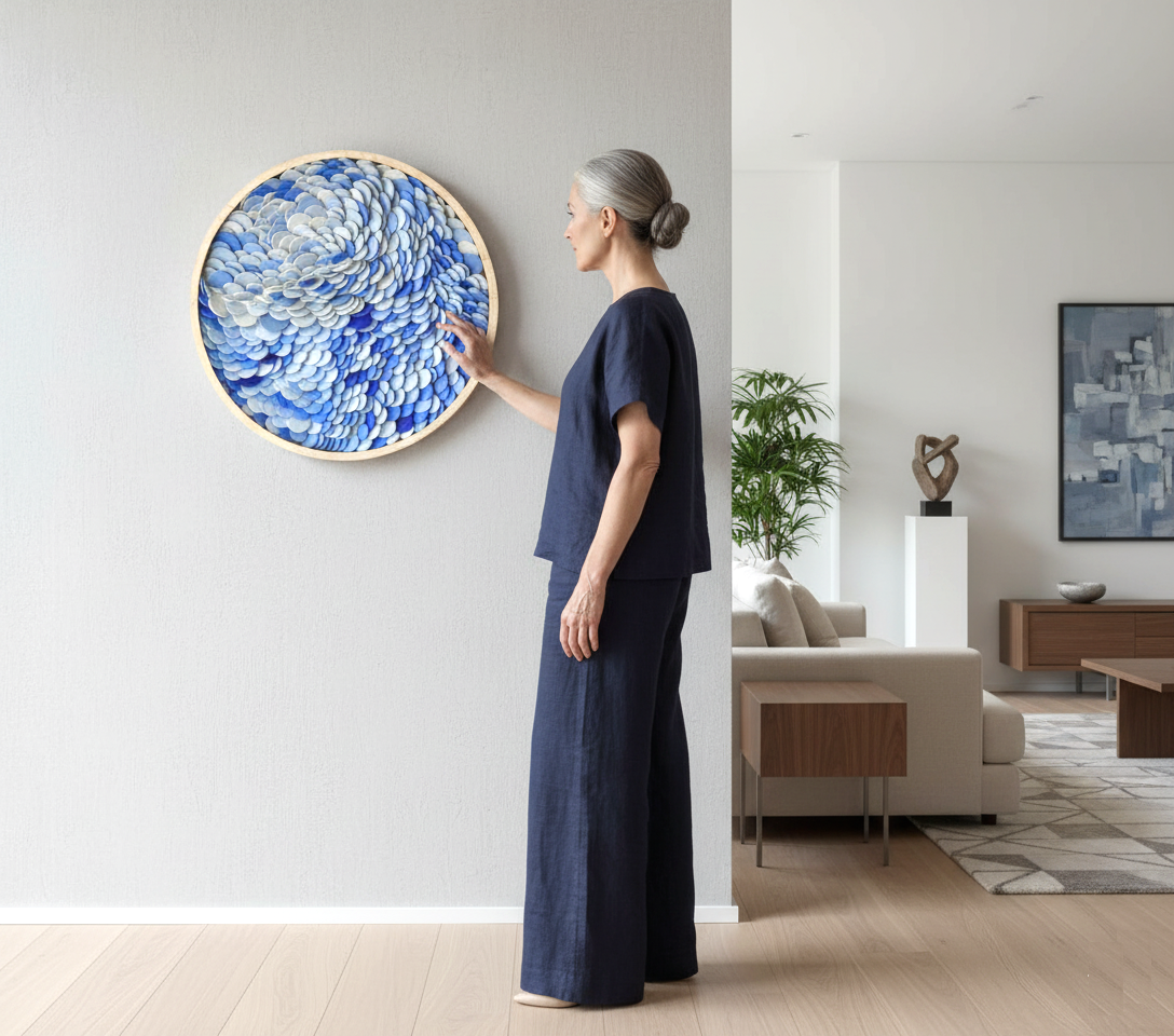 Ocean Ripple Abstract Art: Layered Blue Disc Sculpture, Modern Textured Wall Hanging, Unique Coastal Home Decor